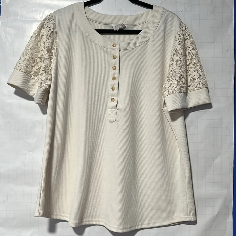 Plus size Lacey Puffy Sleeve Knit Top-Curvy Women size 1X, Perch lace flare
